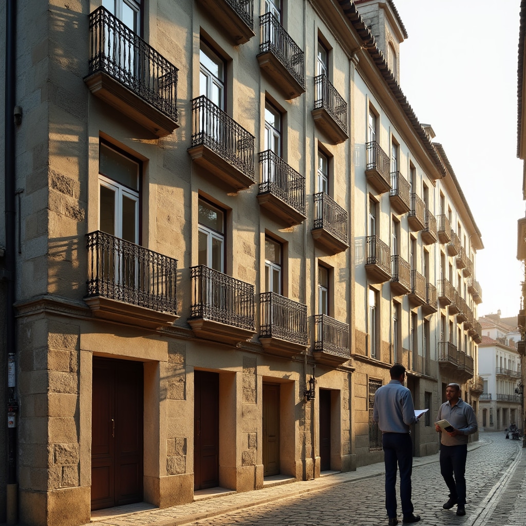 Technician assessing an older Portuguese building facade in Porto